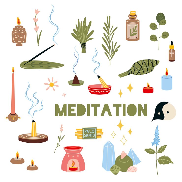 Vector práctica de meditación establece elementos de aromaterapia concepto de zen y armonía relajación recreación estilo de vida saludable ilustración vectorial en estilo de dibujos animados planos aislado en blanco