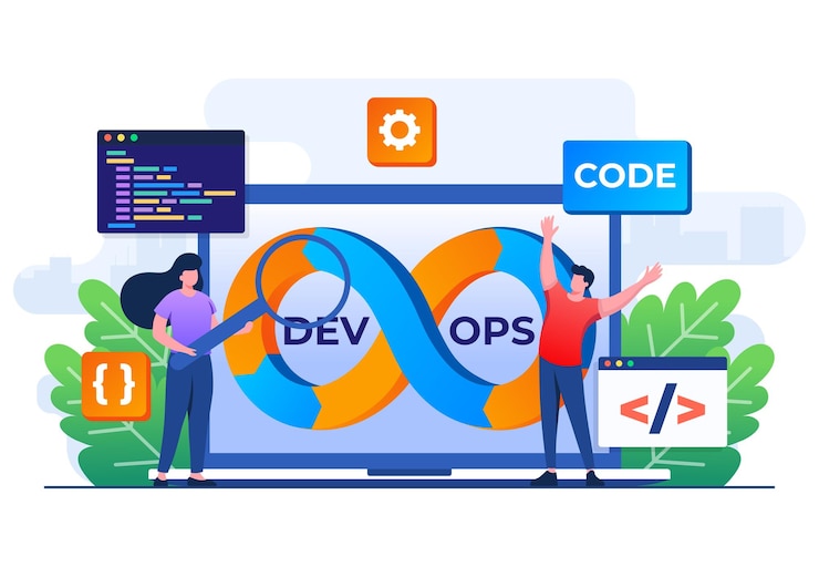 Vector práctica de los programadores de desarrollo y operaciones de software concepto devops