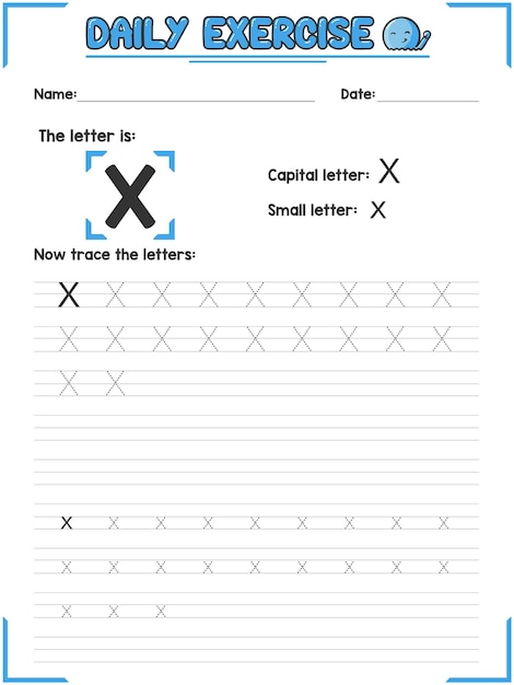 Práctica de rastreo de letras del alfabeto y ejercicio de escritura a mano para niños de escuela primaria de jardín de infantes