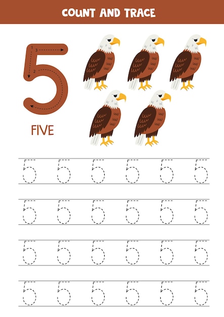 Práctica de rastreo de números Escribiendo el número cinco Águilas calvas de dibujos animados