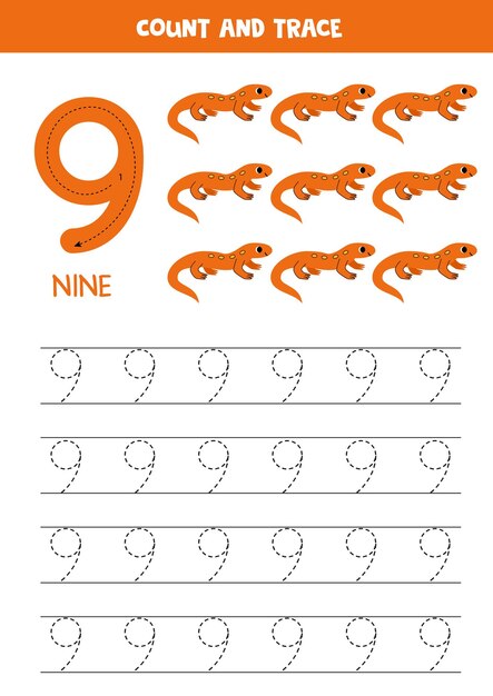 Práctica de rastreo de números Escribiendo el número nueve Dulces tritones de dibujos animados