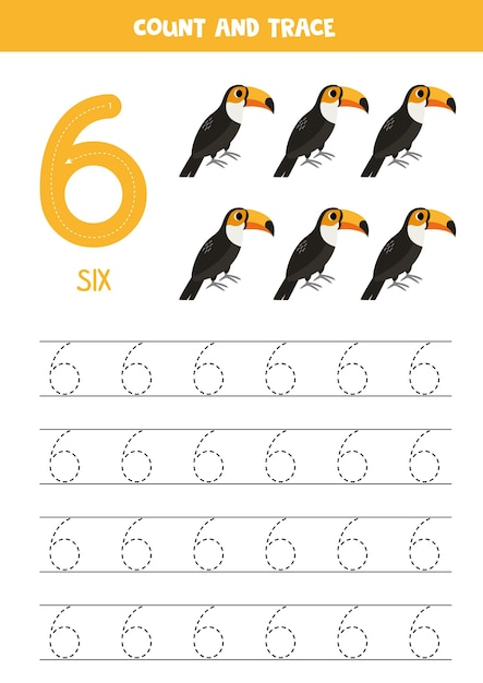 Práctica de rastreo de números Escribiendo el número seis Tucanes de dibujos animados
