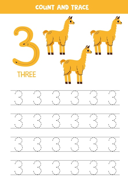 Práctica de rastreo de números Escribiendo el número tres Llamas de dibujos animados