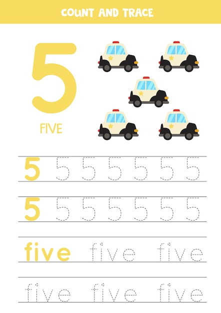 Práctica de rastreo de números y letras. escribiendo el número 5 y la palabra cinco. coches de policía de dibujos animados.