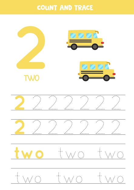 Práctica de rastreo de números y letras. Escribiendo el número dos y la palabra dos. Autobuses escolares de dibujos animados.