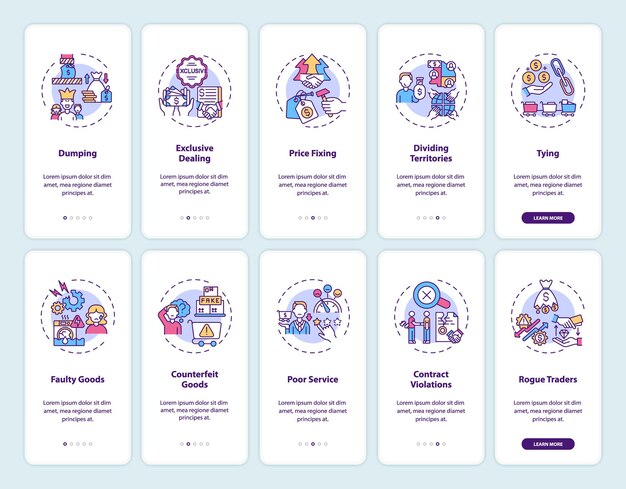 Prácticas comerciales que incorporan la pantalla de la página de la aplicación móvil con el conjunto de conceptos. Tutorial de protección al consumidor Instrucciones gráficas de 5 pasos.