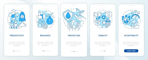 Prácticas de gestión sostenible de la tierra pantalla de aplicación móvil de incorporación azul Tutorial 5 pasos páginas de instrucciones gráficas con conceptos lineales UI UX Plantilla de GUI Myriad ProBold Fuentes regulares utilizadas
