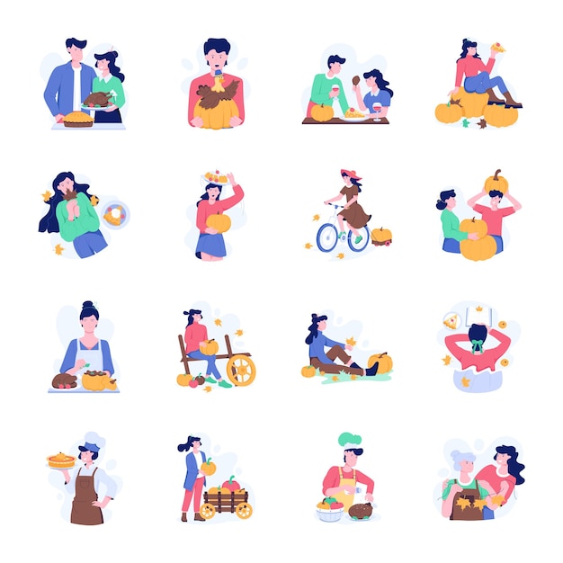 Un práctico paquete de 16 ilustraciones planas para el Día de Acción de Gracias