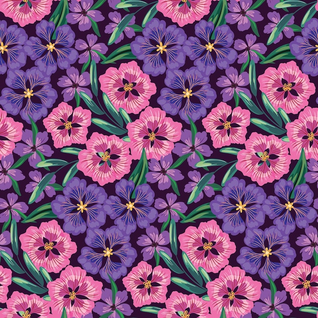 Prado florido adornado con hojas de flores de color púrpura y rosa en un campo oscuro Estampado floral de verano de patrones sin fisuras con varias plantas dibujadas a mano Ilustración de vector de fondo botánico