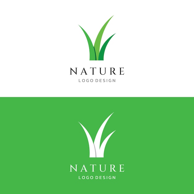 Prado de hierba verde natural y logotipo de elemento de hierba cortada en plantilla de diseño de logotipo de vector de primavera