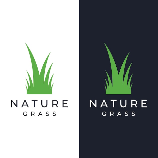 Prado de hierba verde natural y logotipo de elemento de hierba cortada en plantilla de diseño de logotipo de vector de primavera