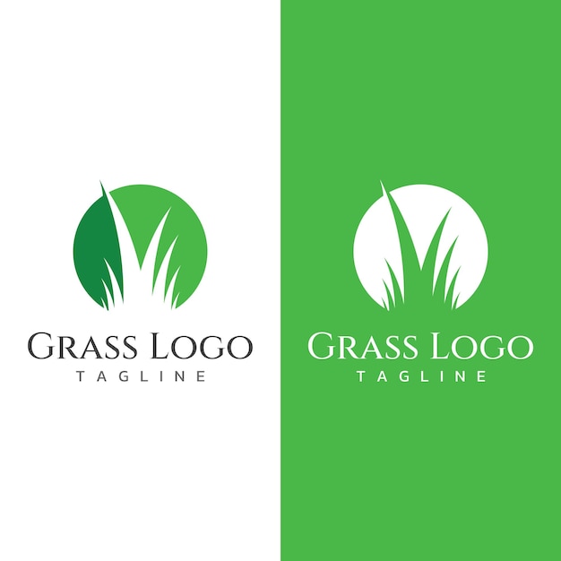 Prado de hierba verde natural y logotipo de elemento de hierba cortada en plantilla de diseño de logotipo de vector de primavera