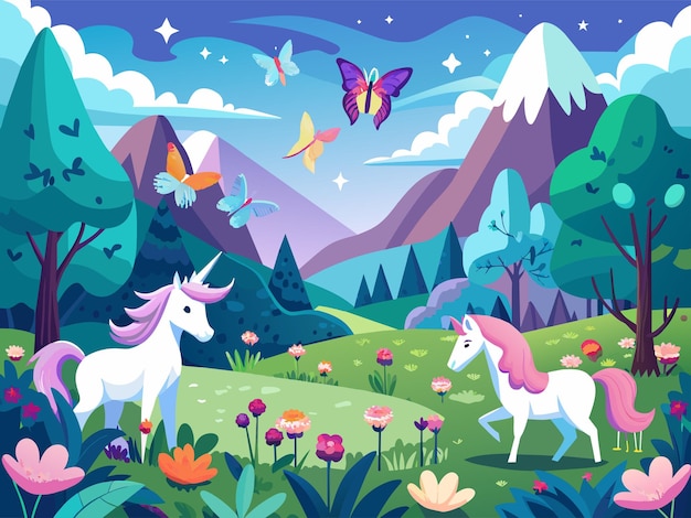 Un prado pacífico con unicornios que pastan y mariposas relucientes Ilustración