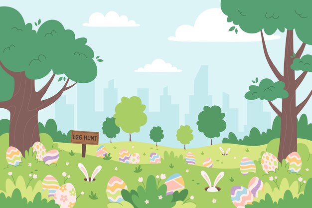 Prado de primavera con huevos ocultos para la caza de huevos de Pascua Evento de Pascua Celebración en el parque de la ciudad de primavera