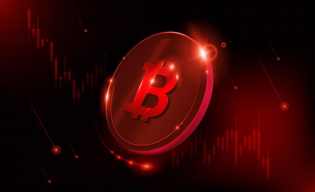 El precio de la criptomoneda Bitcoin está bajando. Cae el precio de Crypto que brilla intensamente en rojo. Despedazándose. oso bajista