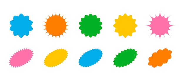 Precio de estallido de estrellas Etiquetas y botones redondos y ovalados de estellido de sol Icono simple para diseño de promoción Estilo trendy Y2K Ilustración vectorial Iconos de colores sobre fondo blanco