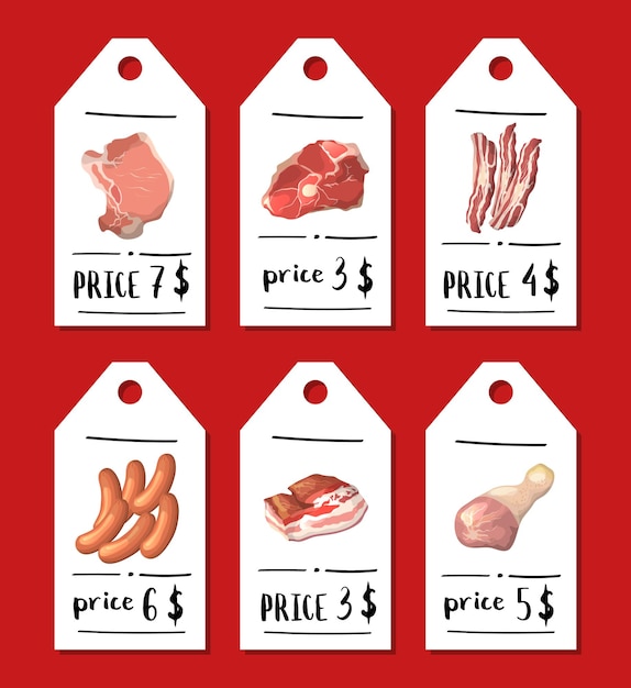 Precio de etiquetas de venta de elementos de carne de dibujos animados con lugar para la ilustración de texto