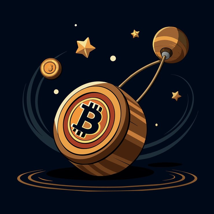 Vector el precio de mercado de bitcoin efecto yoyo oscila arriba y abajo metáfora de riesgo de criptomoneda juguete de yo-yo de madera