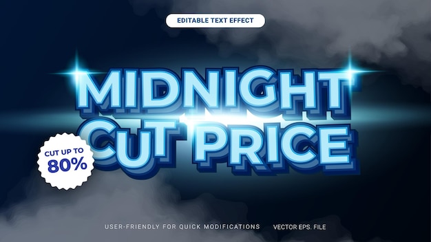 Precio reducido de medianoche Premium Descuento de venta Banner publicitario con vector de efecto de texto editable