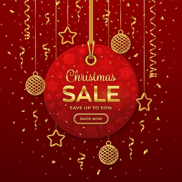 Precio de venta de navidad y año nuevo. etiqueta roja realista colgando de una cuerda dorada. etiqueta de descuento con estrellas doradas, bolas, confeti. banner de navidad, publicidad, precio de marketing. ilustración vectorial.