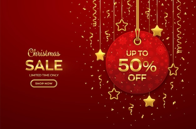 Precio de venta de navidad y año nuevo. etiqueta roja realista colgando de una cuerda dorada. etiqueta de descuento con estrellas doradas y confeti. diseño de banner de navidad, publicidad, precio de marketing. ilustración vectorial.