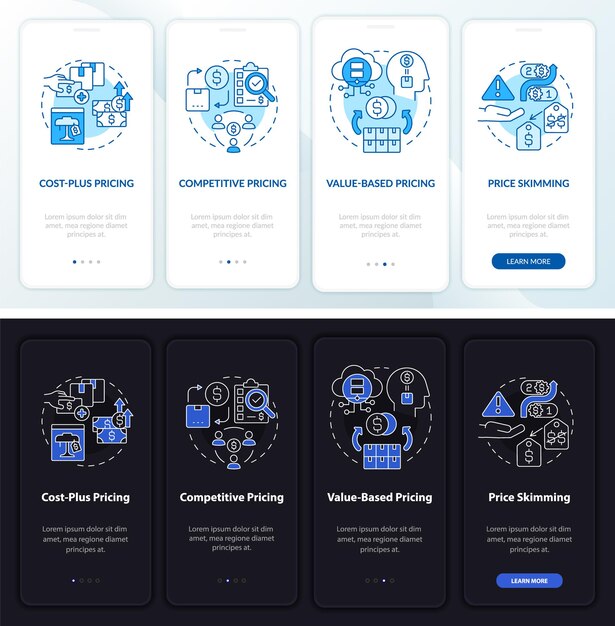 Los precios se acercan a la pantalla de la aplicación móvil incorporada en el modo día y noche. Tutorial de 4 pasos de páginas de instrucciones gráficas con conceptos lineales. Interfaz de usuario, UX, plantilla de interfaz gráfica de usuario. Myriad Pro-Bold, fuentes regulares utilizadas