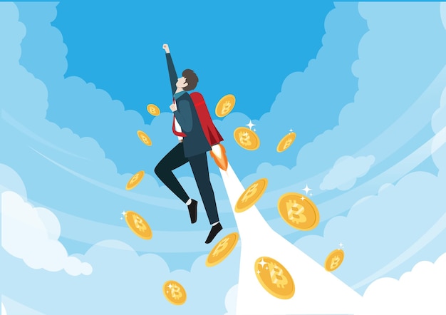 Los precios de Bitcoin se dispararon empresarios con jetpack volando en el cielo Con bitcoins cayendo detrás de la idea de aumentar el precio y el valor de las criptomonedas