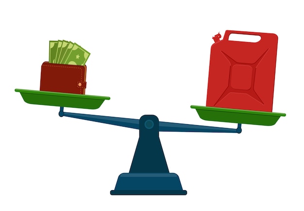 Los precios de la gasolina y el combustible están subiendo Una metáfora un bolso con escamas de dinero una lata de gasolina