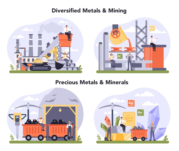 Vector precios de metales y minerales, metales no ferrosos y minería. proceso de producción de acero o metal. industria metalúrgica, extracción de minerales. estándar de clasificación industrial global.