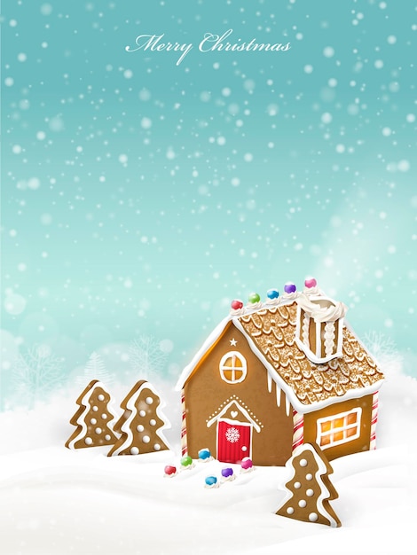 Preciosa casa de pan de jengibre de Navidad aislada sobre fondo nevado