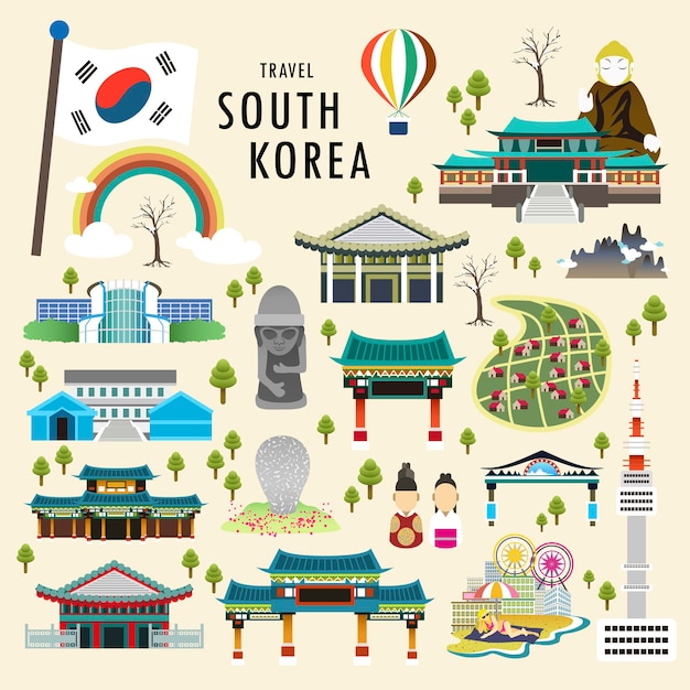 Vector preciosa colección de atracciones de corea del sur en estilo plano