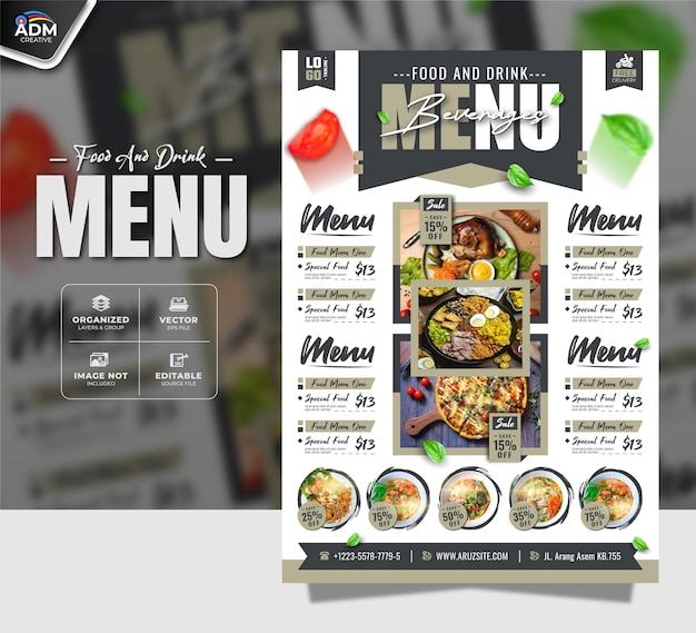 Preciosa plantilla de menú de comida para el diseño de restaurantes
