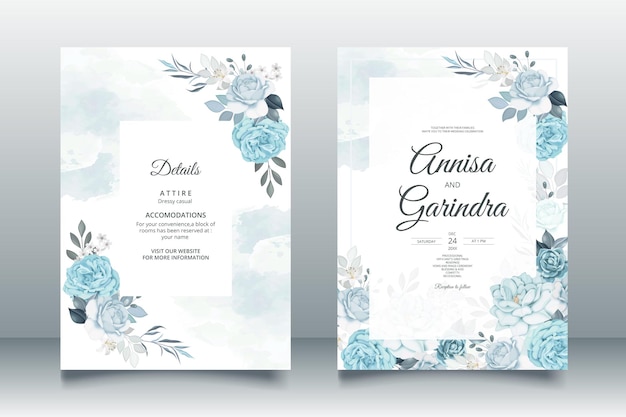 Preciosa plantilla de tarjeta de invitación de boda con marco floral Premium Vector
