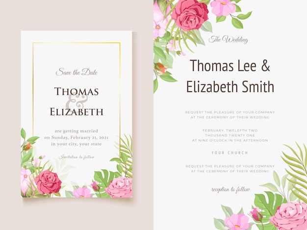 Preciosa plantilla de tarjeta de invitación floral para bodas