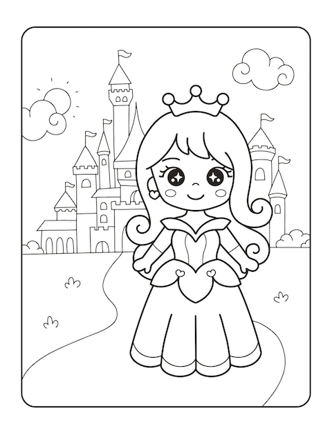 Preciosa princesa con castillo para colorear, pintar e imprimir