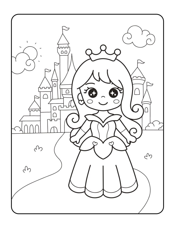 Vector preciosa princesa con castillo para colorear, pintar e imprimir