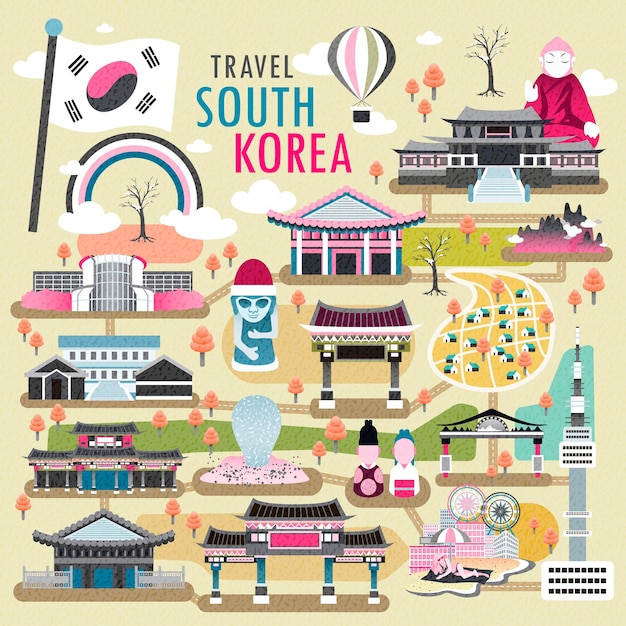Preciosas colecciones de concepto de viaje de Corea del Sur en diseño plano