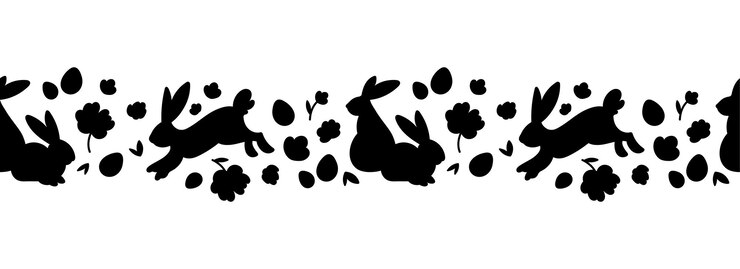 Vector preciosas siluetas de borde transparente horizontal de pascua conejos flores huevos de pascua