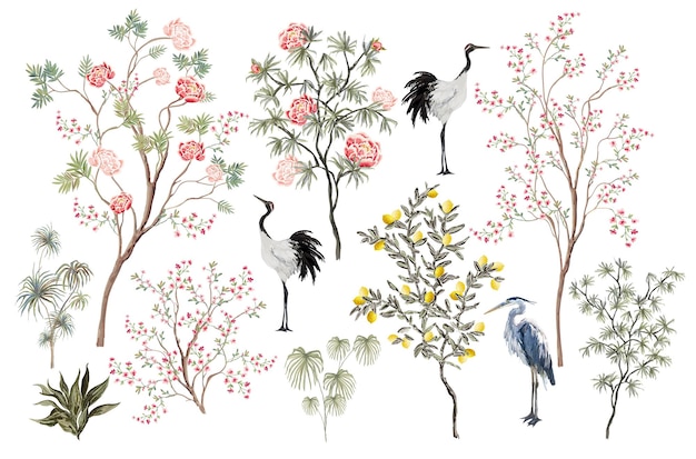 Precioso conjunto chinoiserie exótico. Rosas chinas vintage dibujadas a mano, palmeras, flores de peón, árbol de sakura, pájaro grulla, garza