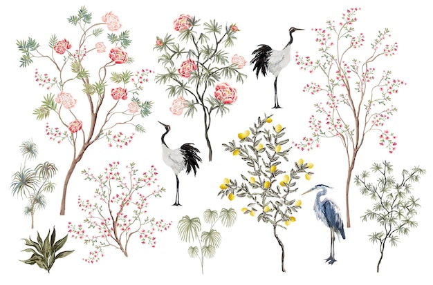 Precioso conjunto chinoiserie exótico. rosas chinas vintage dibujadas a mano, palmeras, flores de peón, árbol de sakura, pájaro grulla, garza