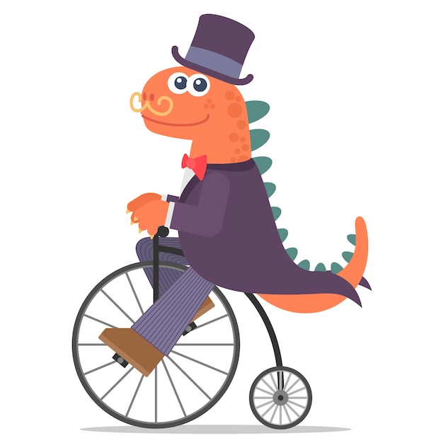 Precioso dinosaurio con una sonrisa montando una bicicleta vieja. estilo de dibujos animados ilustración. estilo de diseño plano.