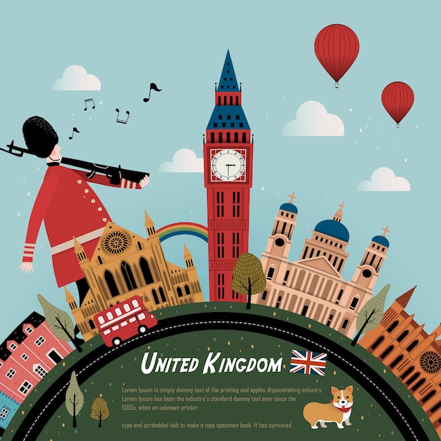 Precioso diseño de cartel de viaje de Reino Unido con paisaje callejero
