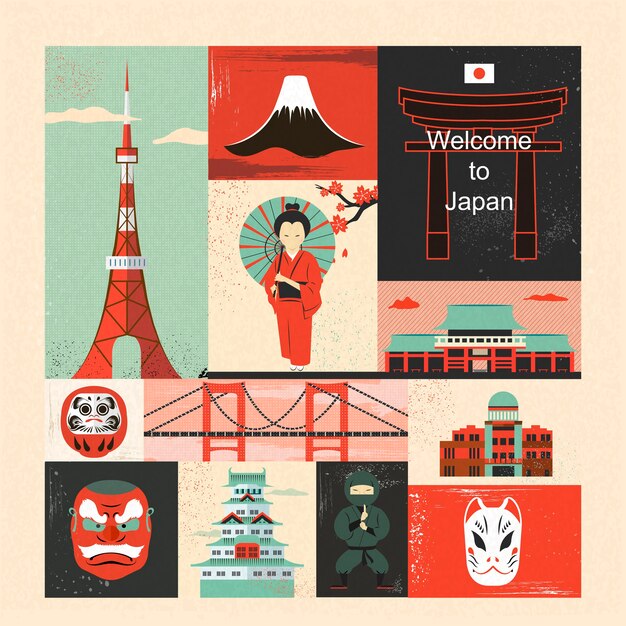 Vector precioso diseño de colección de elementos de viaje de japón en estilo plano