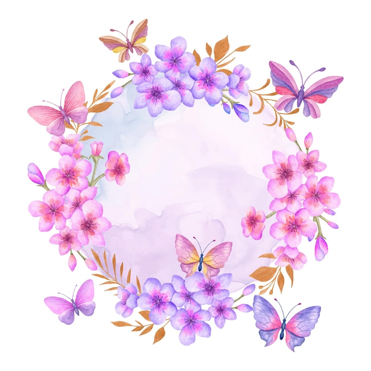 Vector precioso hermoso marco floral de primavera acuarela con mariposas
