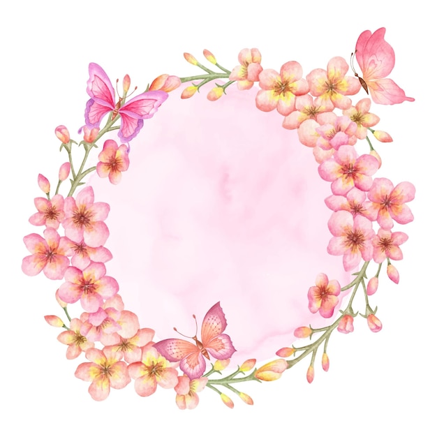 Vector precioso hermoso marco floral de sakura de primavera acuarela con mariposas