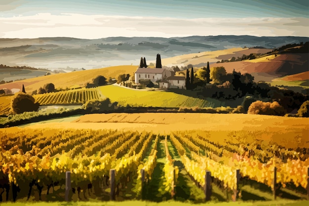 Vector precioso paisaje otoñal europeo de huertos y viñedos