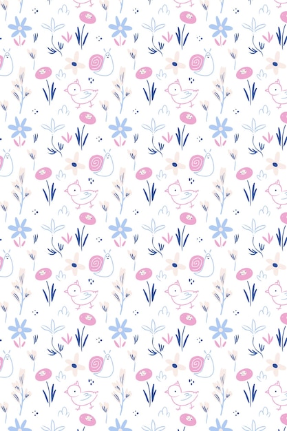 Precioso patrón repetitivo de vector floral. Flores dibujadas a mano, caracol y pollito. Ilustración floral botánica