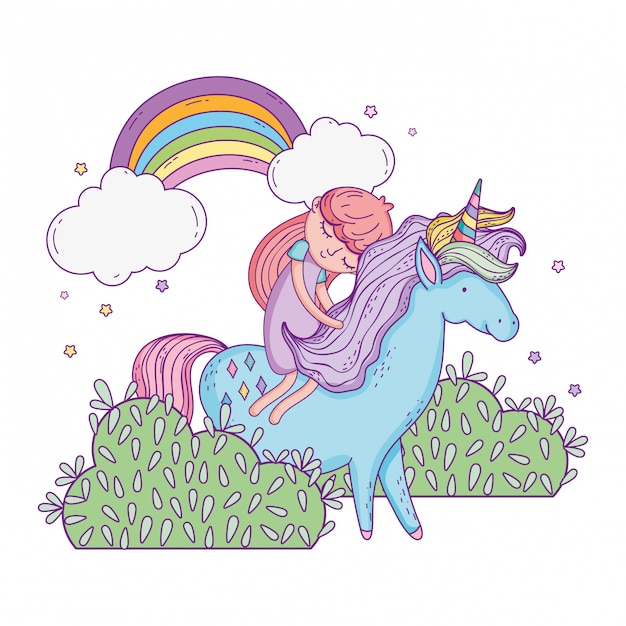Precioso pequeño unicornio con princesa en el paisaje.