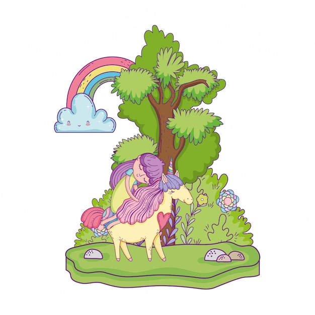 Vector precioso pequeño unicornio con princesa en el paisaje.