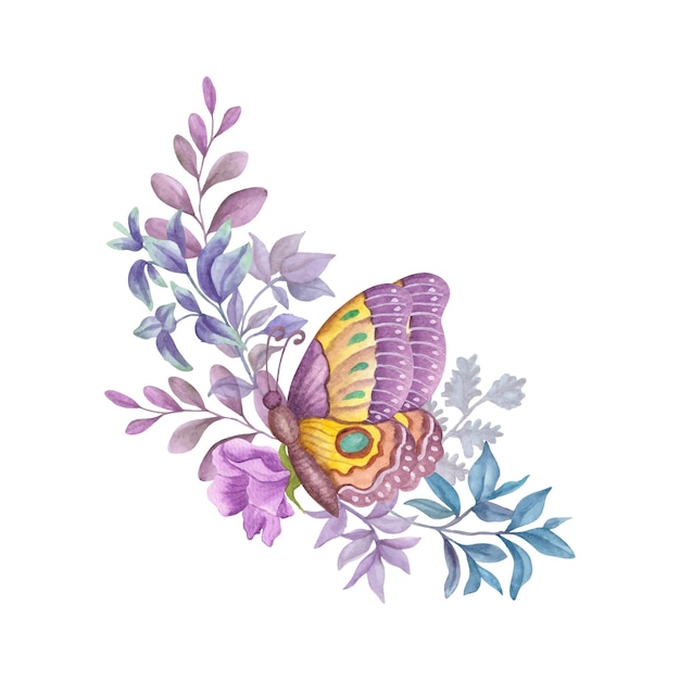 Vector precioso ramo floral acuarela con mariposa